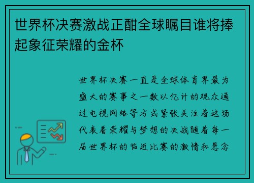 世界杯决赛激战正酣全球瞩目谁将捧起象征荣耀的金杯