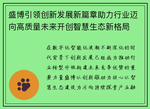 盛博引领创新发展新篇章助力行业迈向高质量未来开创智慧生态新格局 盛博引领创新发展新篇章助力行业迈向高质量未来开创智慧生态新格局