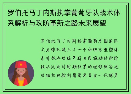 罗伯托马丁内斯执掌葡萄牙队战术体系解析与攻防革新之路未来展望 罗伯托马丁内斯执掌葡萄牙队战术体系解析与攻防革新之路未来展望